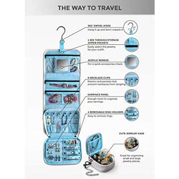 Kefi Vim Jewelry Organizer Travel - Stylish Travel Jewelry Bag Made Of PU Leather For Small & Large Necklaces, Earrings & Rings - Beautiful Hanging Design. Easy Cleaning & Carrying Jewelry Holder