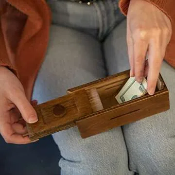 Bits and Pieces - Stash Your Cash - Secret Puzzle Box - Camouflage Your Cash Money Holder - Brain Teaser - Wooden Secret Compartment