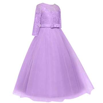 Spring Flower Girl Wedding Bridesmaid 3/4 Sleeves Kids Floral Lace Pageant Communion Princess Dress Prom Evening Dance Gown Purple 2-3 Years