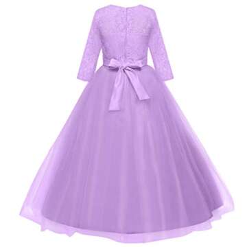 Spring Flower Girl Wedding Bridesmaid 3/4 Sleeves Kids Floral Lace Pageant Communion Princess Dress Prom Evening Dance Gown Purple 2-3 Years