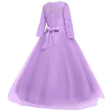 Spring Flower Girl Wedding Bridesmaid 3/4 Sleeves Kids Floral Lace Pageant Communion Princess Dress Prom Evening Dance Gown Purple 2-3 Years