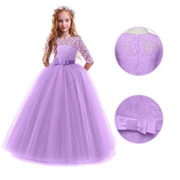 Spring Flower Girl Wedding Bridesmaid 3/4 Sleeves Kids Floral Lace Pageant Communion Princess Dress Prom Evening Dance Gown Purple 2-3 Years