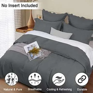 PHF 100% French Flax Linen Duvet Cover Set Queen, 3pcs Garment Washed Soft Natural Linen, Breathable Durable Cool Duvet Set for Hot Sleepers, 1 Comforter Cover and 2 Pillowshams, 90"x92", Charcoal