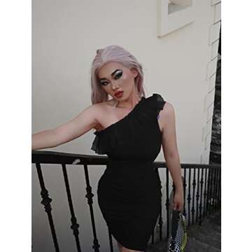 XXTAXN Women's Elegant Cocktail One Shoulder Bodycon Wrap Ruffle Sleeveless Formal Midi Dress Black