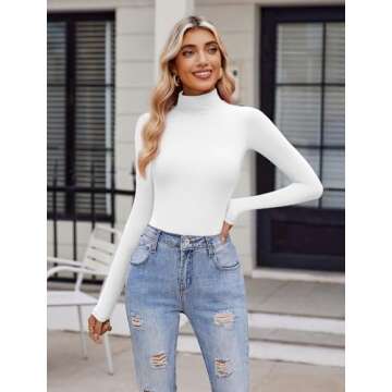 Avidlove Bodysuits for Women High Neck Long Sleeve Body Suits Snap Closure Double Lined Mock Neck Bodysuit Soft (White, M)