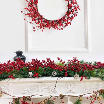 TURNMEON 6 Ft Red Christmas Garland Decorations Red Berries Garland Xmas Garlands for Decoration Chr...