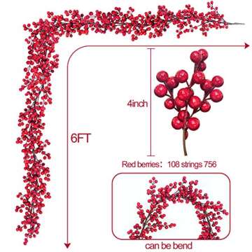 TURNMEON 6 Ft Red Christmas Garland Decorations Red Berries Garland Xmas Garlands for Decoration Christmas Artificial Garland for Mantle Fireplace Table Stairs Railing Indoor Outdoor Winter Holiday
