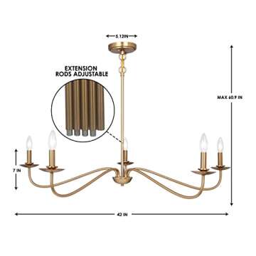 Modern Chandelier, 5 Lights Chandelier for Dining Room, Gold Chandelier Light Fixture Adjustable Hei...