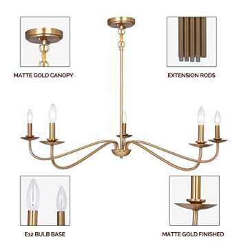 Modern Chandelier, 5 Lights Chandelier for Dining Room, Gold Chandelier Light Fixture Adjustable Height, Farmhouse Candle Chandeliers Light Fixture for Dining Room Entryway Foyer Kitchen Island
