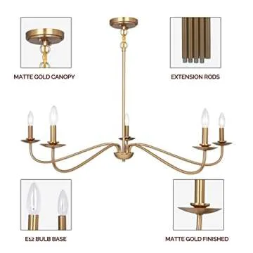 Modern Chandelier, 5 Lights Chandelier for Dining Room, Gold Chandelier Light Fixture Adjustable Height, Farmhouse Candle Chandeliers Light Fixture for Dining Room Entryway Foyer Kitchen Island