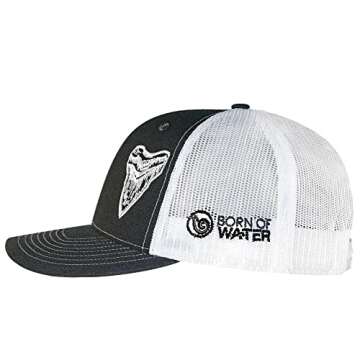 Born of Water Megalodon MEG Tooth Trucker Hat: Scuba Dive | Freediving | Spearfishing - Gray/White