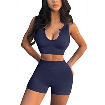 FAFOFA Womens Yoga Short Leggings 2 Piece Outfits Longine Sport Bra Seamless High Waist Booty Shorts Dark Blue M