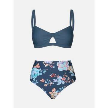 CUPSHE Bikini Set for Women Two Piece Swimsuits High Waisted Cut Out Crisscross Back Tie Shirring Bottom, L Navy Blue