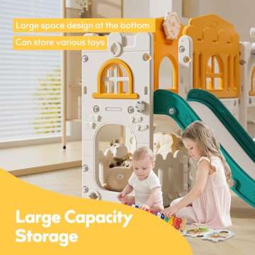 Baotree 9 in 1 Toddler Slide,Kids Slide Playset for Toddler,Indoor Outdoor Slide Toddler Playset with Ball & Hoop, Storage Space and Non-Slip Steps,Gift for Boys and Girls 1-6 Years (Green Orange)