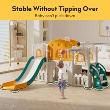 Baotree 9 in 1 Toddler Slide,Kids Slide Playset for Toddler,Indoor Outdoor Slide Toddler Playset with Ball & Hoop, Storage Space and Non-Slip Steps,Gift for Boys and Girls 1-6 Years (Green Orange)