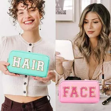 SOIDRAM 4 Pcs Preppy Makeup Bag Set with Chenille Patches