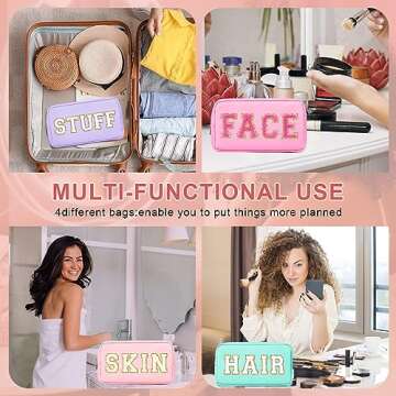 SOIDRAM 4 Pcs Preppy Makeup Bag Set with Chenille Patches