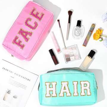 SOIDRAM 4 Pcs Preppy Makeup Bag Set with Chenille Patches