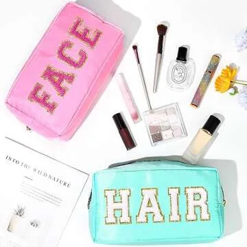 SOIDRAM 4 Pcs Preppy Makeup Bag Set with Chenille Patches