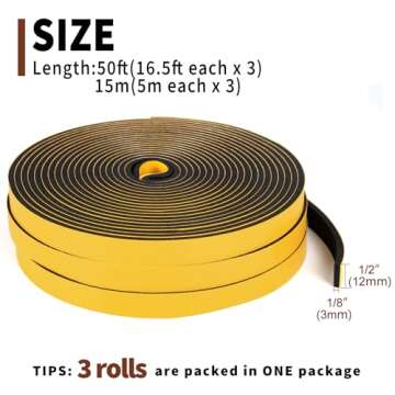 Yotache Foam Weather Stripping Seal Tape 3 Rolls 1/2" W X 1/8" T (New Adhesive Craft) for Doors and Windows Gasket Insulation Soundproofing, 50 Ft Length (3 X 16.5 Ft Each)