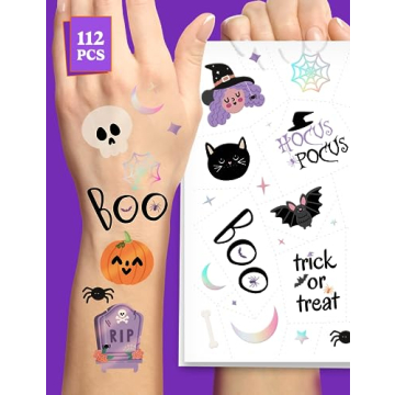 HOUSE OF PARTY Halloween Temporary Tattoos for Kids - 112 PCS Hocus Pocus Stickers, Bat Tattoos, Sku...
