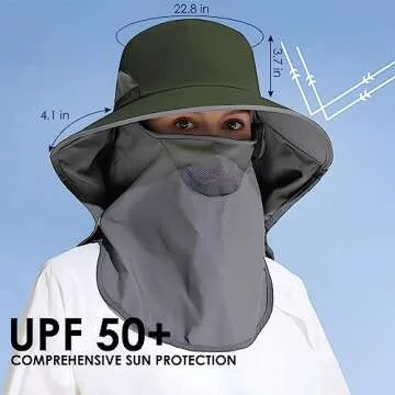 Outdoor Sun Hat Detachable Neck Face Flap UPF 50+UV Protection Visor Fishing Hats with Neck Flap for Men & Women Green
