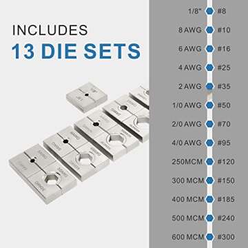 AMZCNC Industrial Hydraulic Cable Lug Crimper - 16 Ton, 9 AWG to 600 MCM Tool Kit Includes 13 Die Se...
