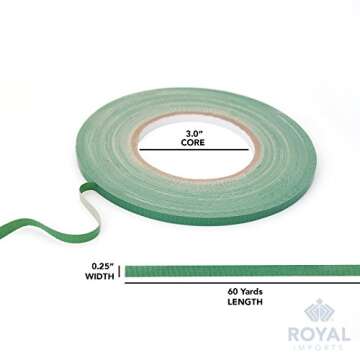 Royal Imports Floral Tape Green, Flower Stem Wrap Adhesive Waterproof Florist Tape for Decorative Bouquets Arranging and Crafts - 0.25" (60 Yd/180Ft) - 1 Roll