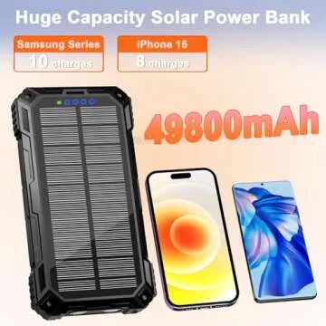 WONGKUO Solar Charger Power Bank - 49800mAh Solar Phone Charger with USB-C in/Output, QC 3.0 Fast Charging with LED Flashlight, Portable Power Bank Built-in 4 Cables, IP65 Waterproof Fits for Outdoor