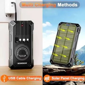 WONGKUO Solar Charger Power Bank - 49800mAh Solar Phone Charger with USB-C in/Output, QC 3.0 Fast Charging with LED Flashlight, Portable Power Bank Built-in 4 Cables, IP65 Waterproof Fits for Outdoor