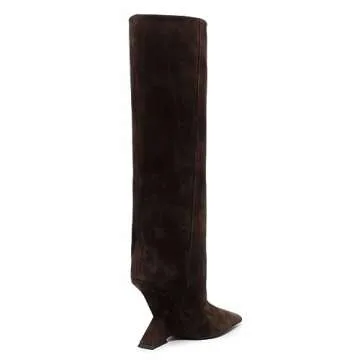 Kluolandi Womens Knee High Boots Sexy Pointed Toe Pull On Strange Wedge Heel Tall Boots for Women Brown Size 8