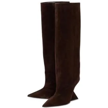 Kluolandi Womens Knee High Boots Sexy Pointed Toe Pull On Strange Wedge Heel Tall Boots for Women Brown Size 8