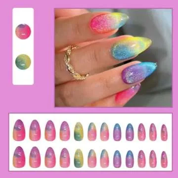 24 Pcs Cat Eye Spring Press on Nails Short Almond MINGCHUN Colorful Fake Nails Press ons Nail Art Ti...