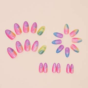 24 Pcs Cat Eye Spring Press on Nails Short Almond MINGCHUN Colorful Fake Nails Press ons Nail Art Tips Rainbow Glitter Design Full Cover Acrylic False Glue on Nails Nail Art Tip for Women Manicure