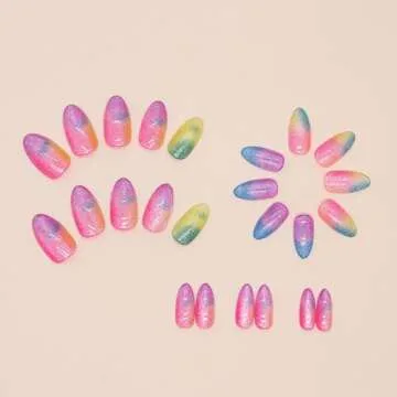 24 Pcs Cat Eye Spring Press on Nails Short Almond MINGCHUN Colorful Fake Nails Press ons Nail Art Tips Rainbow Glitter Design Full Cover Acrylic False Glue on Nails Nail Art Tip for Women Manicure