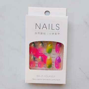 24 Pcs Cat Eye Spring Press on Nails Short Almond MINGCHUN Colorful Fake Nails Press ons Nail Art Tips Rainbow Glitter Design Full Cover Acrylic False Glue on Nails Nail Art Tip for Women Manicure