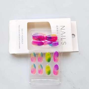 24 Pcs Cat Eye Spring Press on Nails Short Almond MINGCHUN Colorful Fake Nails Press ons Nail Art Tips Rainbow Glitter Design Full Cover Acrylic False Glue on Nails Nail Art Tip for Women Manicure