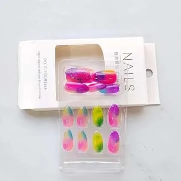 24 Pcs Cat Eye Spring Press on Nails Short Almond MINGCHUN Colorful Fake Nails Press ons Nail Art Tips Rainbow Glitter Design Full Cover Acrylic False Glue on Nails Nail Art Tip for Women Manicure