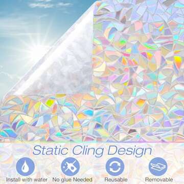Homein Window Privacy Film, Rainbow Window Film Decorative 3D Window Clings Non Adhesive Window Tint for Home, Stained Glass Window Film for Glass, UV Blocking, 17.5 x 78.7 inches