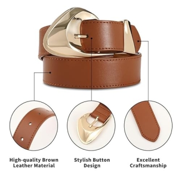 RISANTRY Brown Leather Belt with Stylish Gold Buckle