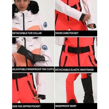 GSOU SNOW Womens Ski Suit One Piece Snowsuit Waterproof Windproof Ski Outfit Jumpsuit for Winter