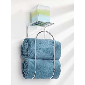 mDesign Modern Metal Wire Wall Mount Towel Rack Holder and Organizer with Storage Shelf - for Bathro...