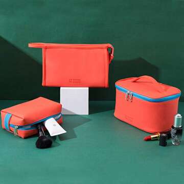 MIRASON Makeup Bag Travel Toiletry Bag for Women, Cute Make Up Bag Set of 3 for Purse Pouch Makeup Organizer Bag PU Leather Washable Waterproof Cosmetic Bag (Orange)