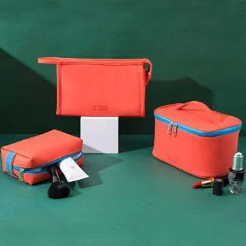 MIRASON Makeup Bag Travel Toiletry Bag for Women, Cute Make Up Bag Set of 3 for Purse Pouch Makeup Organizer Bag PU Leather Washable Waterproof Cosmetic Bag (Orange)