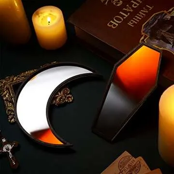 2 Pieces Tiny Coffin Mirror Moon Mirror Cute Goth Room Decor Mirror Spooky Gothic Decorative Mirror Rustic Black Wall Decor Wall-Mounted for Halloween Indoor Decoration,6 inches