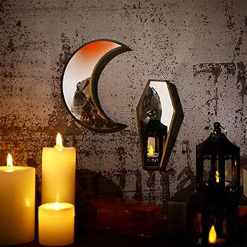 2 Pieces Tiny Coffin Mirror Moon Mirror Cute Goth Room Decor Mirror Spooky Gothic Decorative Mirror Rustic Black Wall Decor Wall-Mounted for Halloween Indoor Decoration,6 inches
