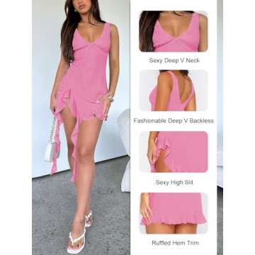 MIYIEONZ Women Sleeveless Sexy V Neck Bodycon Mini Dress Summer Side Slit Mesh Irregular Ruffle Hem Backless Short Dress Pink