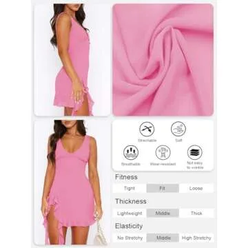 MIYIEONZ Women Sleeveless Sexy V Neck Bodycon Mini Dress Summer Side Slit Mesh Irregular Ruffle Hem Backless Short Dress Pink