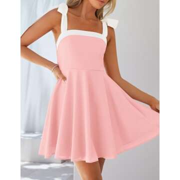 ZESICA Women's Summer Boho Square Neck Mini Dress Sleeveless Tie Shoulder High Waist Swing A Line Short Sundresses,Pink,X-Large