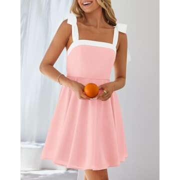 ZESICA Women's Summer Boho Square Neck Mini Dress Sleeveless Tie Shoulder High Waist Swing A Line Short Sundresses,Pink,X-Large